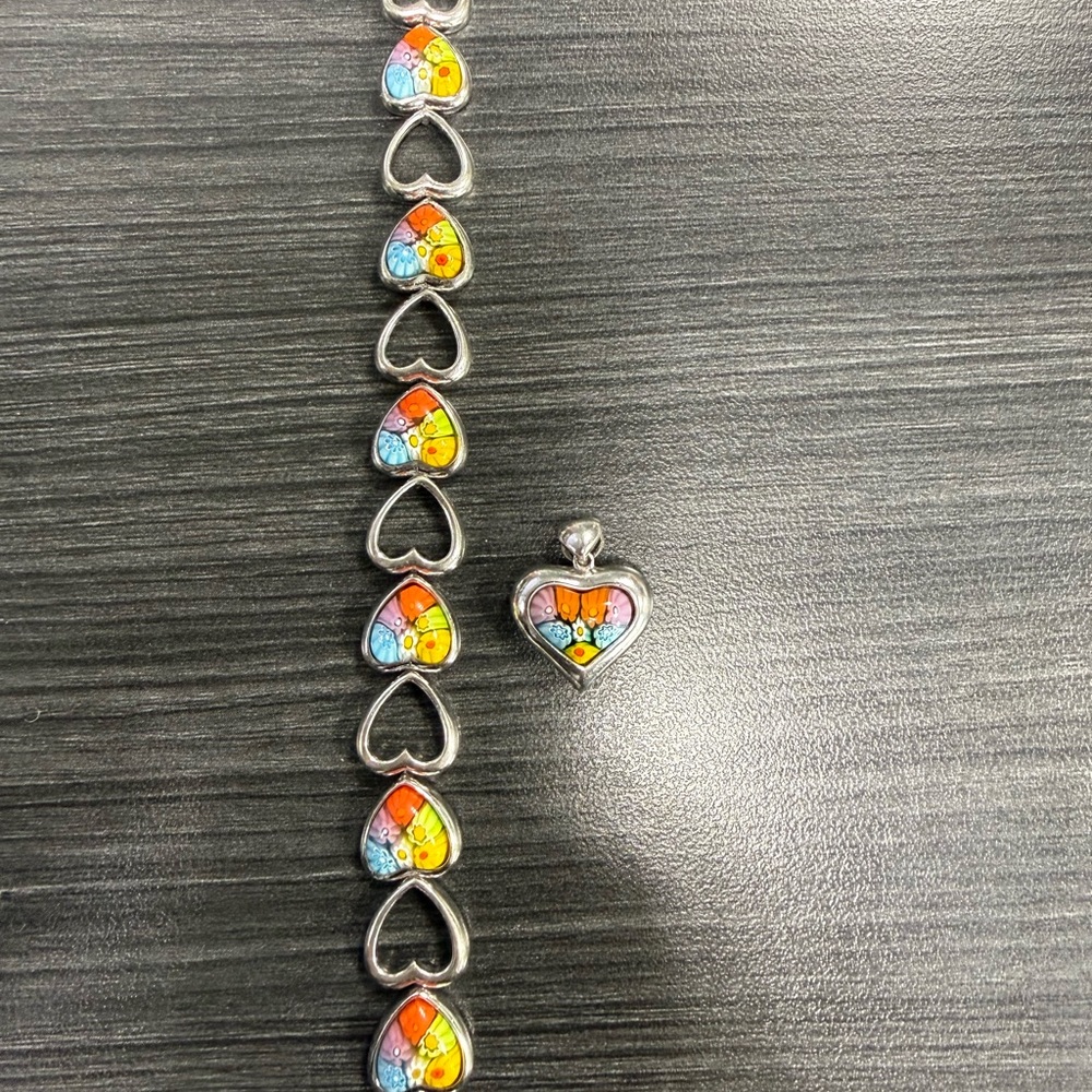 Vintage Alan K Murano bracelet and Colorful Heart Pendant Set
